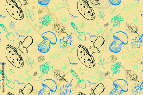 Hand drawn elegance autumn pattern with leaves, mushrooms and berries