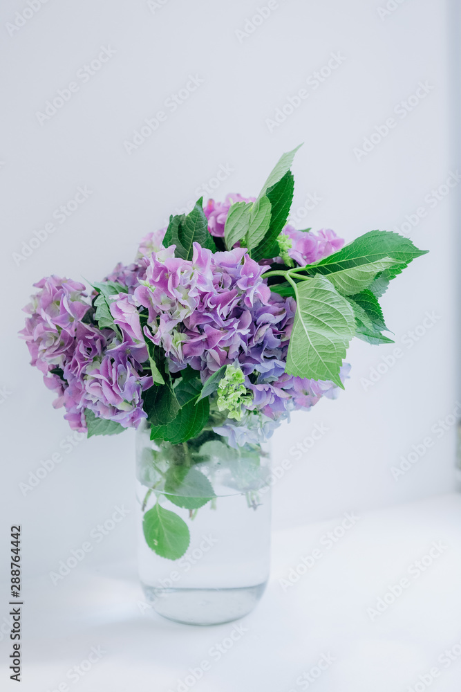 bouquet lilac flowers jar water isolated white