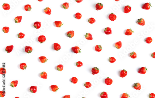 Fresh strawberry pattern on white background. Summer berries, flat lay. Strawberry isolated on white background top view