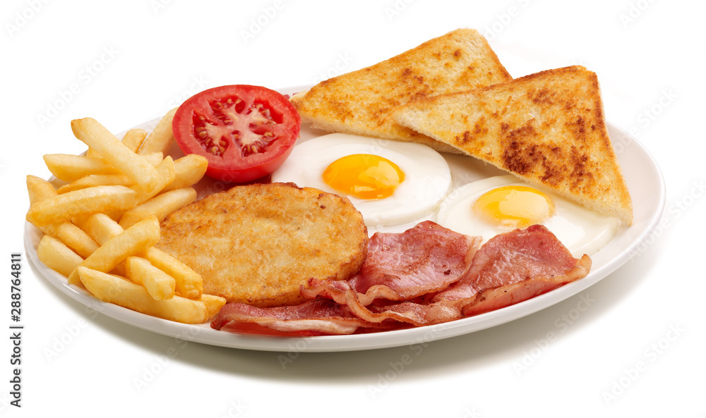 Full Cooked breakfast with hashbrown on white plate Full Cooked breakfast with hashbrown on white plate