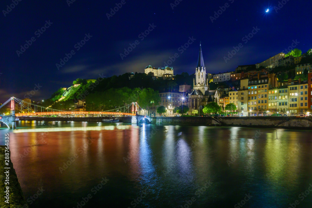 Night view of the Saone and Saint Georges in Lyon