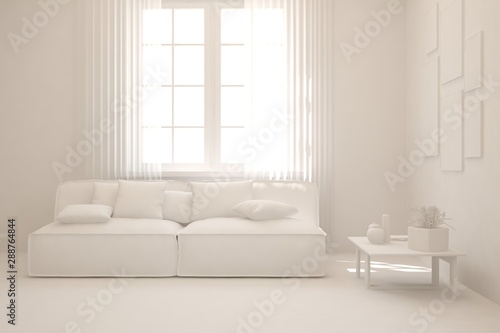 Mock up of stylish room in white color with sofa. Scandinavian interior design. 3D illustration