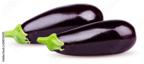 Isolated eggplant. Two fresh Eggplant vegetables with stem isolated on white background. Aubergine with clipping path