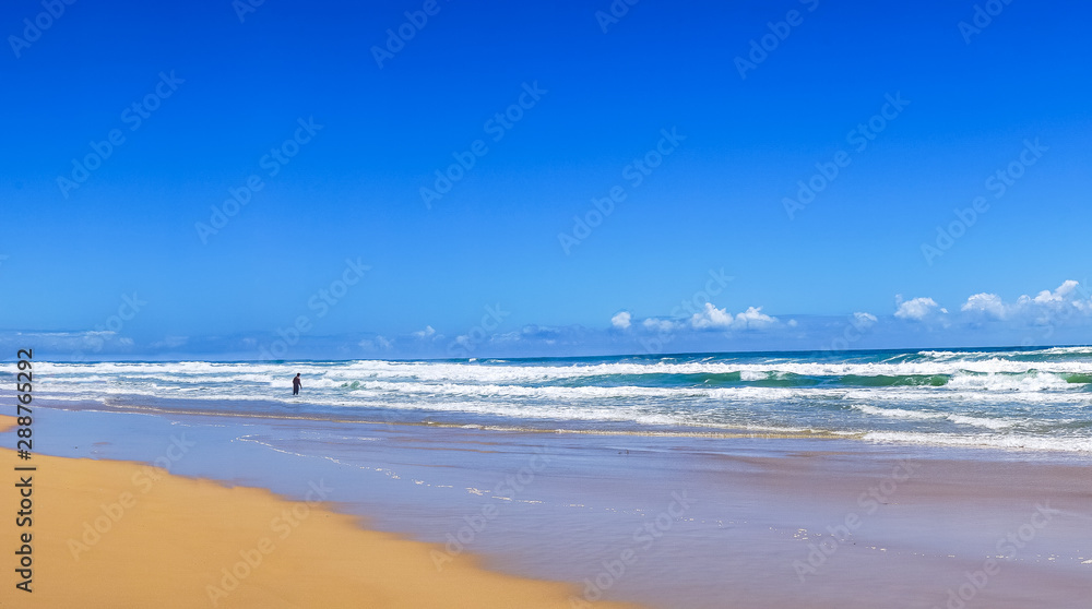 Obraz premium Beautiful wide panoramic view of the ocean waves rolling towards tropical sandy beach and a silhouette of a man standing in the water. Gold Coast, Queensland, Australia. 