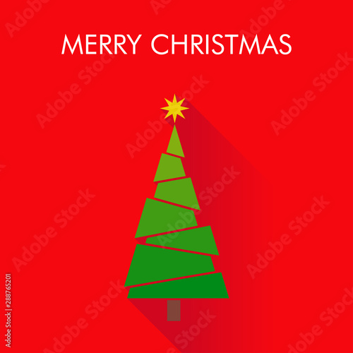 Logotipo con texto Merry Christmas con árbol abstracto en piezas con sombra en fondo rojo