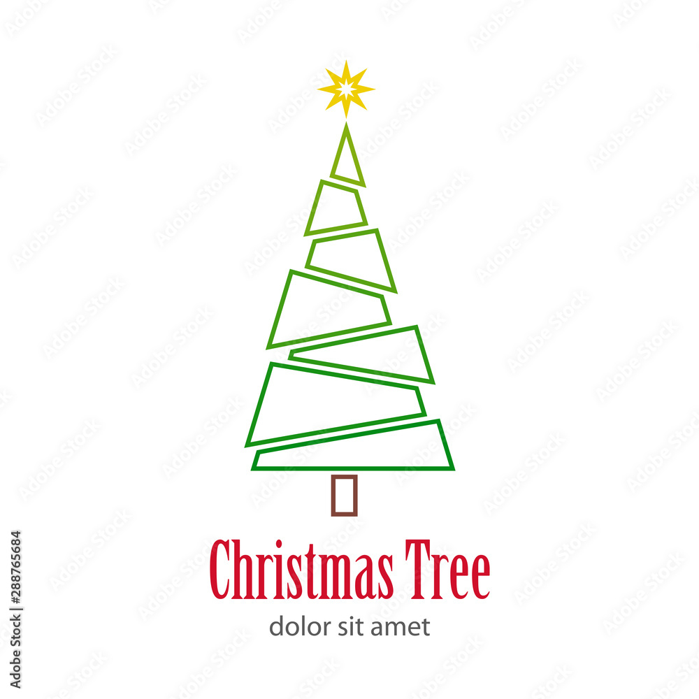 Logotipo con texto Christmas Tree con árbol abstracto lineal en piezas en color verde Logotipo con texto Christmas Tree con árbol abstracto lineal en piezas en color verde