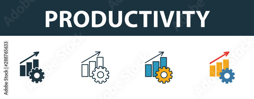 Productivity icon set. Four elements in diferent styles from project management icons collection. Creative productivity icons filled, outline, colored and flat symbols