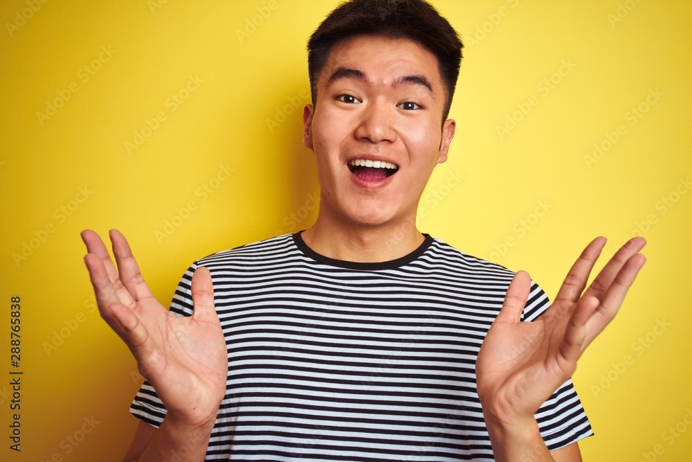 Young asian chinese man wearing striped t-shirt standing over isolated yellow background very happy and excited, winner expression celebrating victory screaming with big smile and raised hands