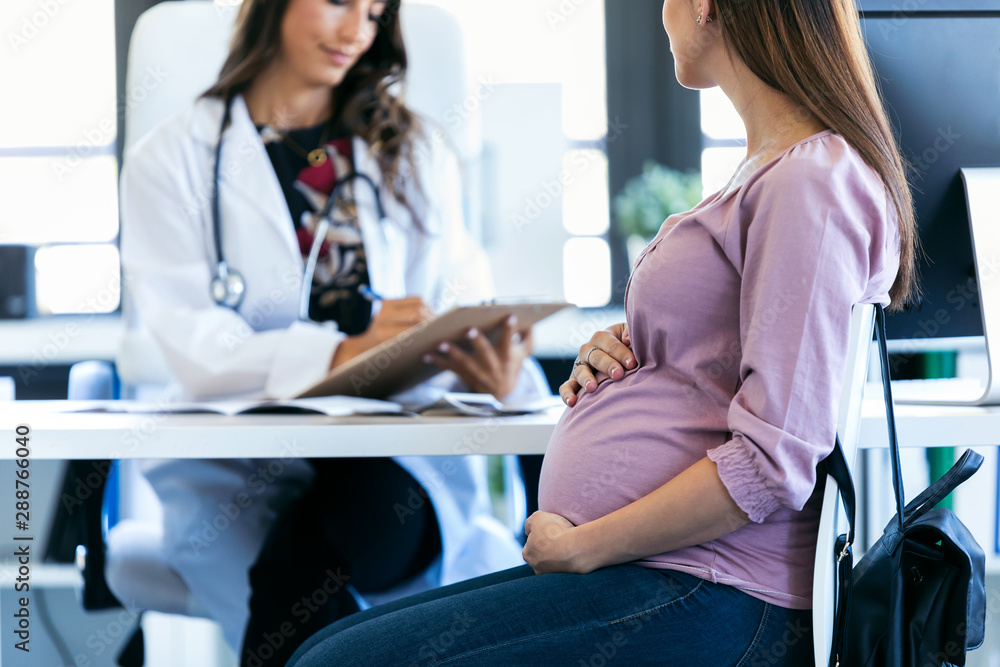 Obraz premium Pretty young woman gynecologist reviewing the documents of her pregnant patient in the clinic.