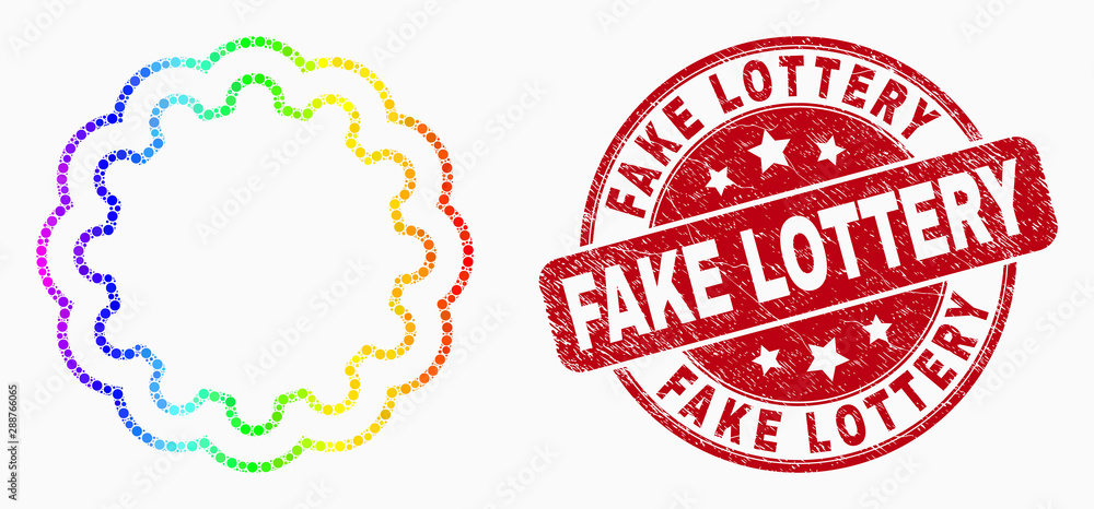 Dot spectral inner gear mosaic pictogram and Fake Lottery seal stamp. Red vector rounded distress seal stamp with Fake Lottery phrase. Vector collage in flat style. Dot spectral inner gear mosaic pictogram and Fake Lottery seal stamp. Red vector rounded distress seal stamp with Fake Lottery phrase. Vector collage in flat style.