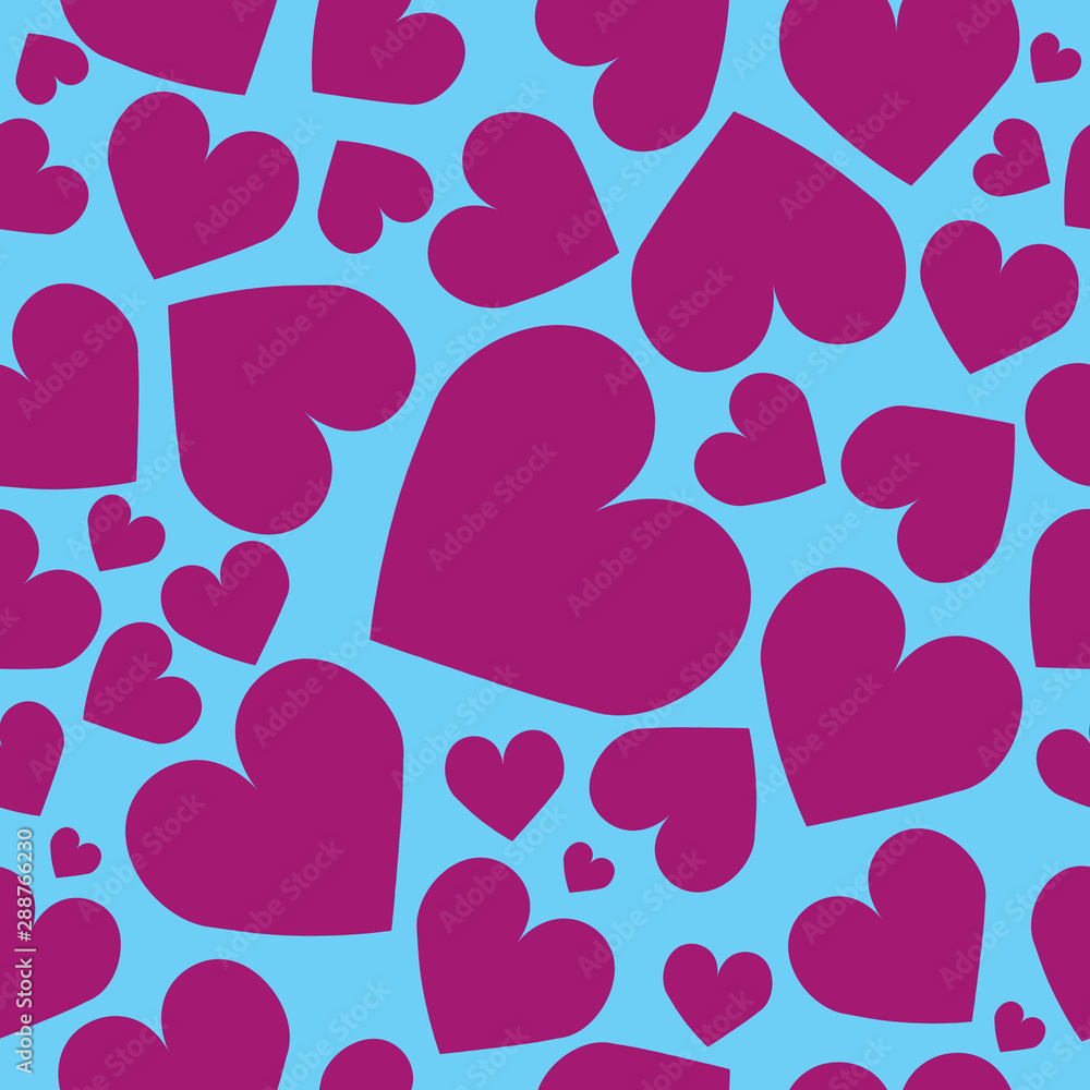 Fototapeta premium Square seamless postcard with pink hearts pattern on light blue background.