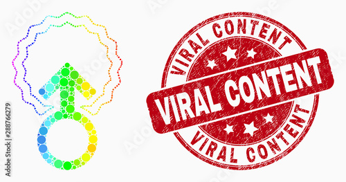 Pixel rainbow gradiented insemination mosaic icon and Viral Content watermark. Red vector round grunge watermark with Viral Content phrase. Vector composition in flat style.