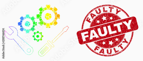 Dotted rainbow gradiented instrumental tools mosaic icon and Faulty seal. Red vector rounded textured seal stamp with Faulty message. Vector combination in flat style.