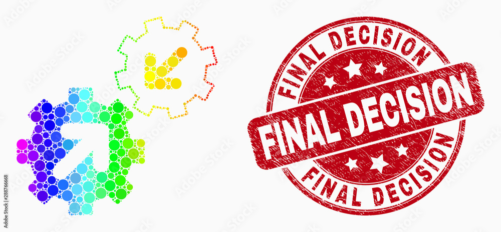 Pixelated rainbow gradiented integration gears mosaic icon and Final Decision seal. Red vector rounded scratched seal stamp with Final Decision title. Vector combination in flat style. Pixelated rainbow gradiented integration gears mosaic icon and Final Decision seal. Red vector rounded scratched seal stamp with Final Decision title. Vector combination in flat style.