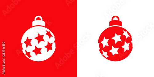 Icono plano bola de navidad con estrellas en diagonal en rojo y blanco