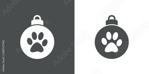 Icono plano bola de navidad con huella de gato en gris y blanco