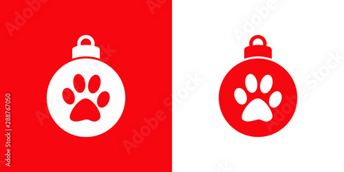Icono plano bola de navidad con huella de gato en rojo y blanco