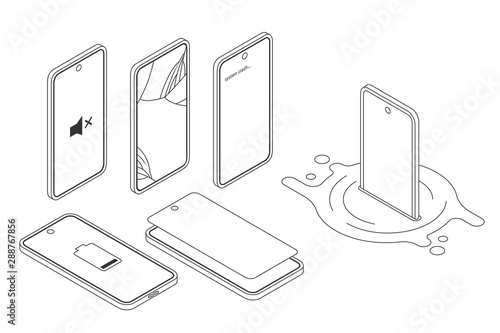 Vector isometric illustration, broken smartphone damaged by water, drop. System crash screen, cracked display. Devices in modern trendy gradient style. Various smartphone brake down for repair service