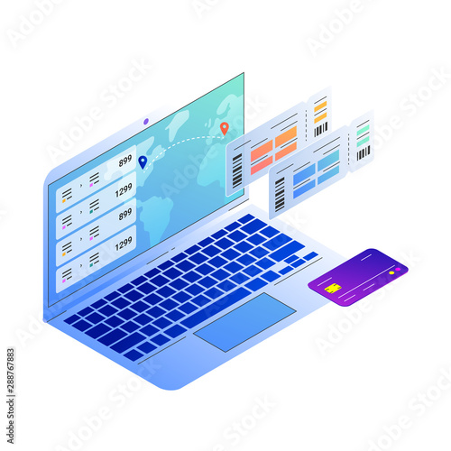 Isometric vector concept of avia sale web site agregator for buying tickets online. World map and destination pin for booking on screen of notebook. Boarding pass tickets and credit card. photo