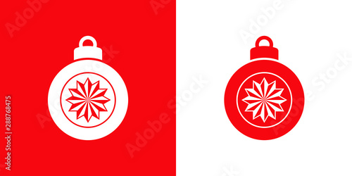 Icono plano bola de navidad con estrella 12 puntas en rojo y blanco
