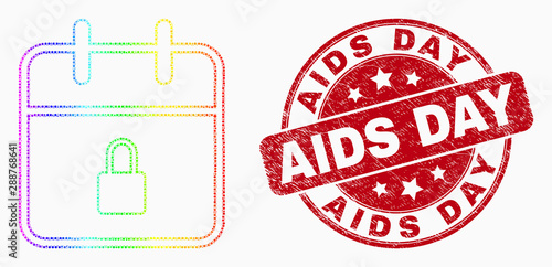 Pixel spectral lock calendar page mosaic icon and AIDS Day seal stamp. Red vector rounded textured seal stamp with AIDS Day text. Vector composition in flat style.