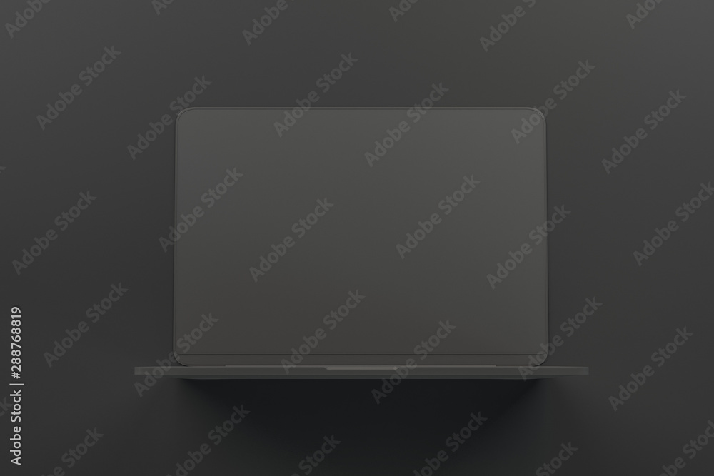 All black minimal concept with onepiece single material black laptop at abstract dark background. - obrazy, fototapety, plakaty 