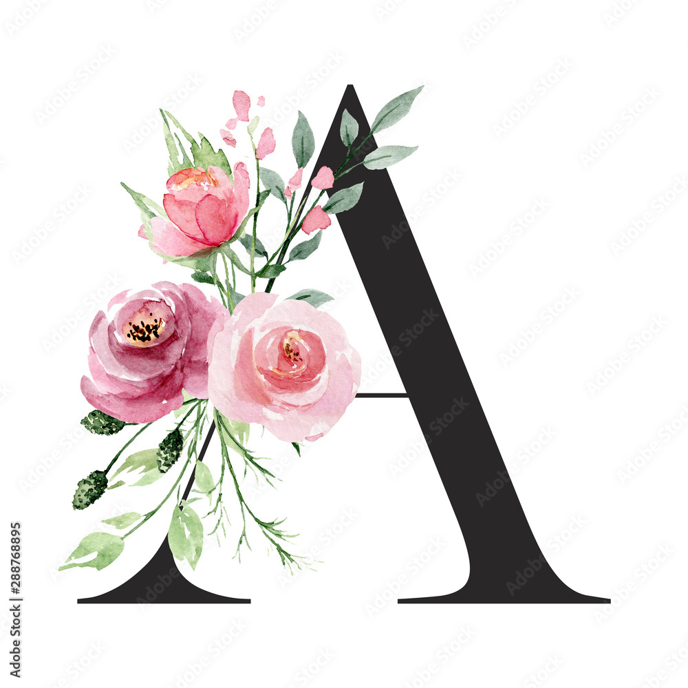Floral alphabet, letter A with watercolor flowers and leaf. Monogram