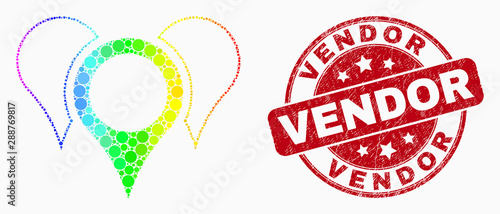 Pixel bright spectral map pointers mosaic pictogram and Vendor watermark. Red vector rounded grunge seal with Vendor phrase. Vector composition in flat style.