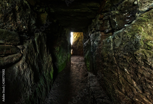 Bryn Celli Ddu neolithic burial chamber overlying a henge monument Isle of Anglesey North Wales. Interior shot