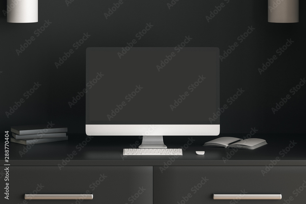 All black concept with modern workspace with personal computer, books and table. All black concept with modern workspace with personal computer, books and table.
