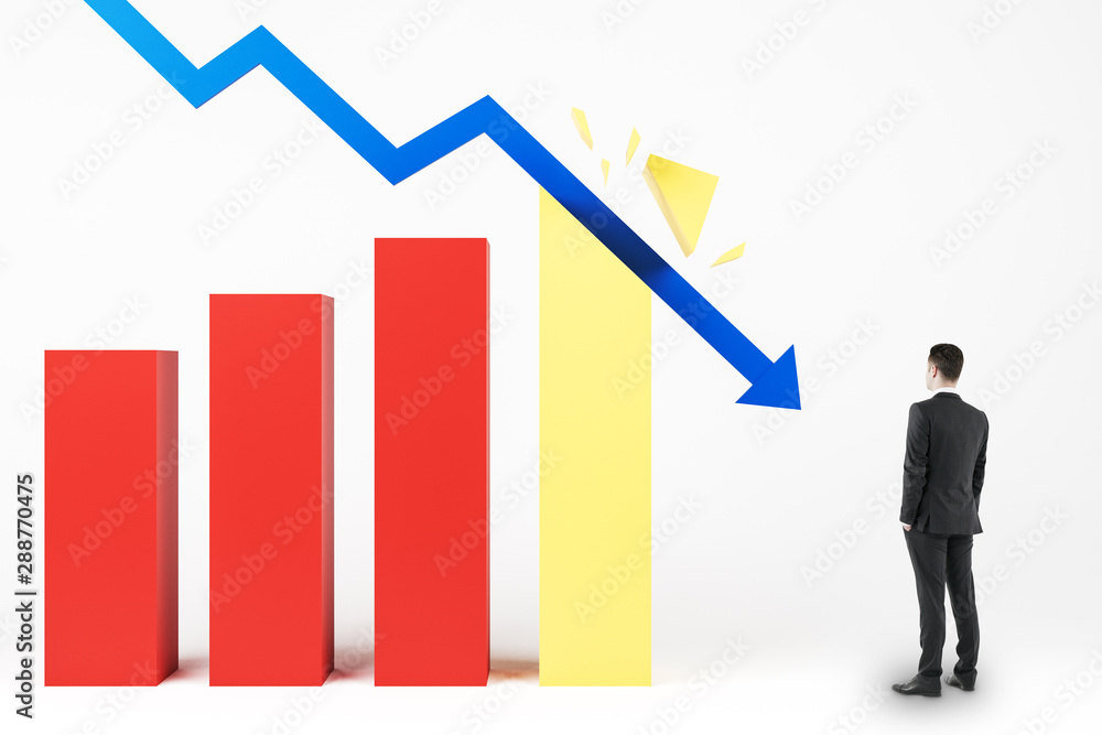 Crisis concept with businessman looking at blue arrow breaking business chart. Crisis concept with businessman looking at blue arrow breaking business chart.