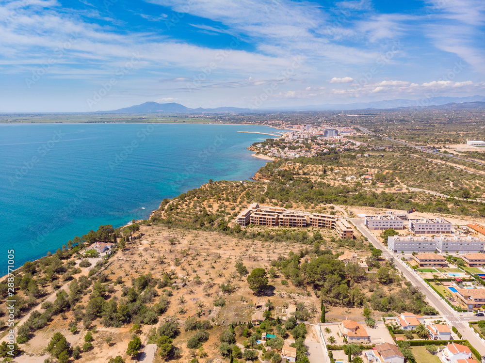 The view of L'Ampolla and Cap Roig. Drone aerial photo