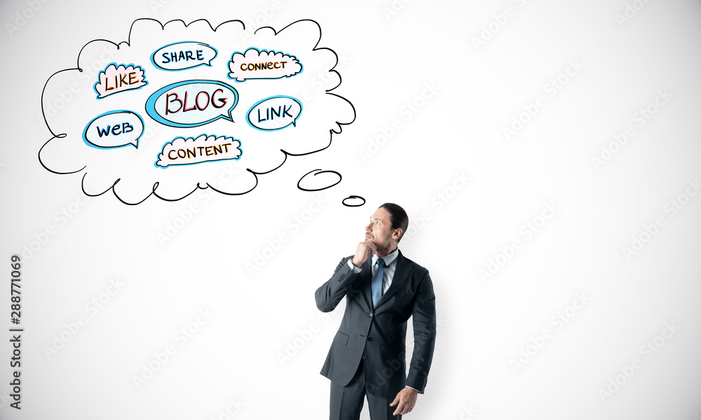 Social network concept with businessman thinking about plan for blogging start up. Social network concept with businessman thinking about plan for blogging start up.
