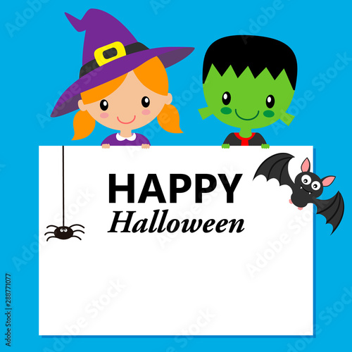 Halloween card. Children dressed as witch and monster