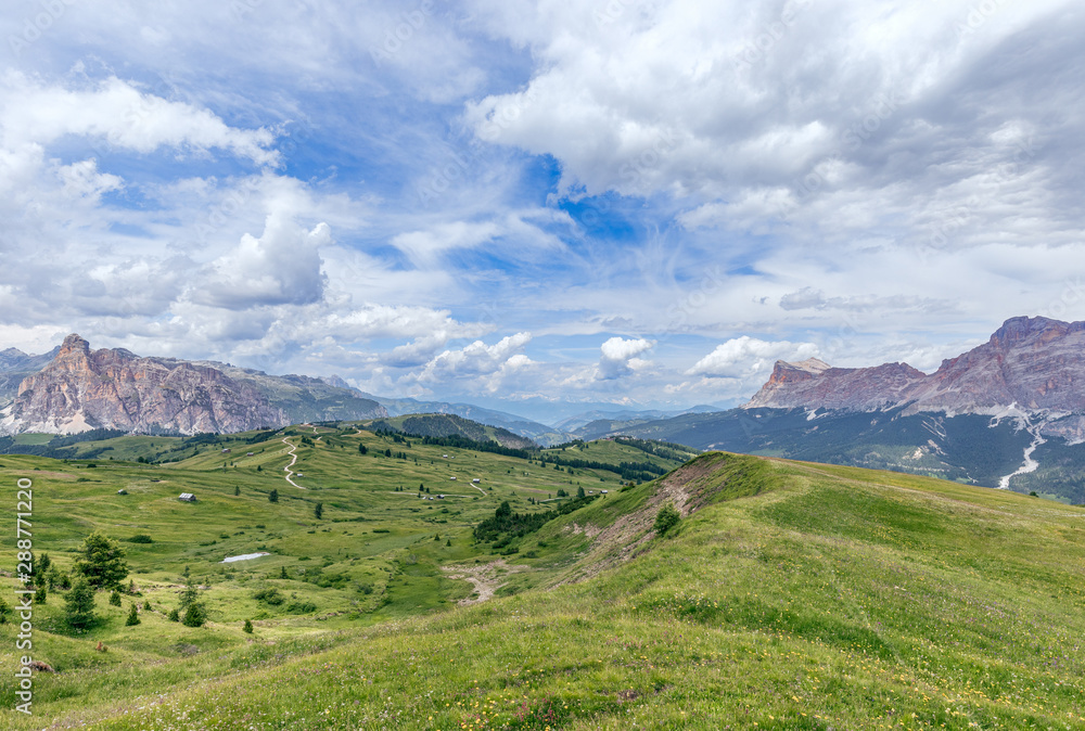 View of a high plateau with a beautiful sky in the Italian Dolomites. Italian Alps, Alto Adige.