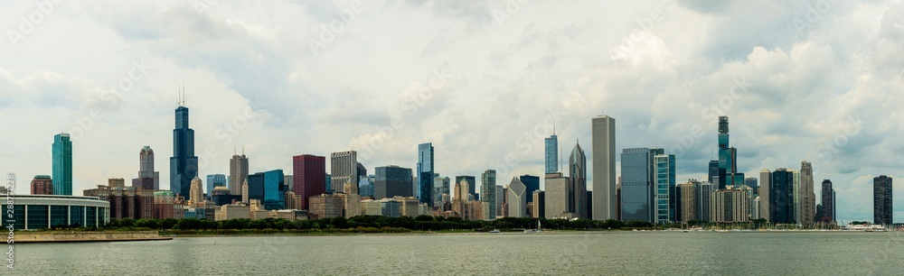 Panorama of Chicago skyline from the lakefront. Summer 2019. City banner.