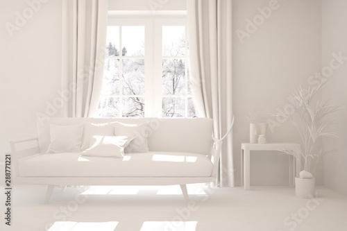 Mock up of stylish room in white color with sofa and winter landscape in window. Scandinavian interior design. 3D illustration