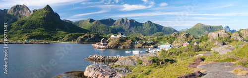 Panorama of fishing village on lofotens, Norway, aerial, panorama, vacation concept photo