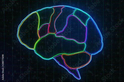 Medical brain research with anatomy of human brain lobes marked by neon lines.