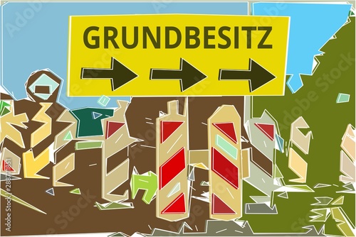 Grundbesitz - Konzept Wegweiser Gelbes Schild 14, Pfeile nach rechts photo