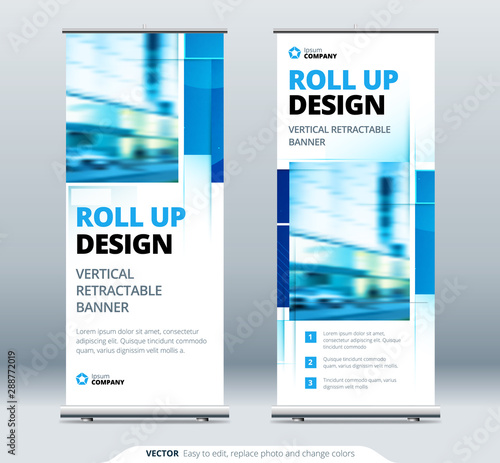 Blue Business Roll Up Banner. Abstract Roll up background for Presentation. Vertical roll up, x-stand, exhibition display, Retractable banner stand or flag design layout for conference, forum.