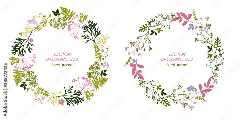 Greeting card with wreath of leaves, flowers and grass. Greeting card with wreath of leaves, flowers and grass.