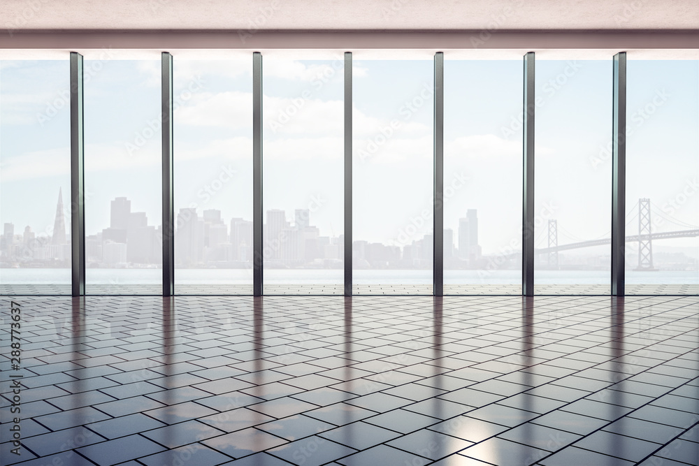Modern office hall with stylish floor, glass walls and smoky city view  background at sunrise. Stock Photo | Adobe Stock