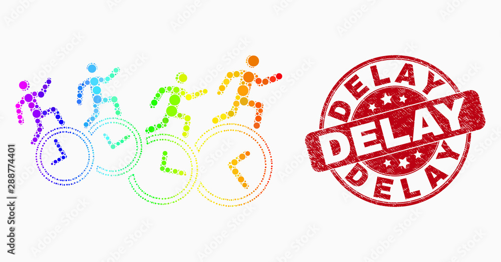 Fototapeta premium Dotted spectrum people run over clocks mosaic pictogram and Delay seal stamp. Red vector rounded grunge seal stamp with Delay phrase. Vector collage in flat style.