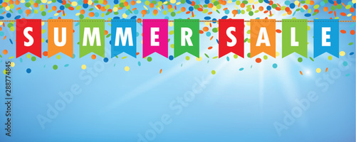 summer sale party flags banner with confetti rain on blue sunny background vector illustration EPS10