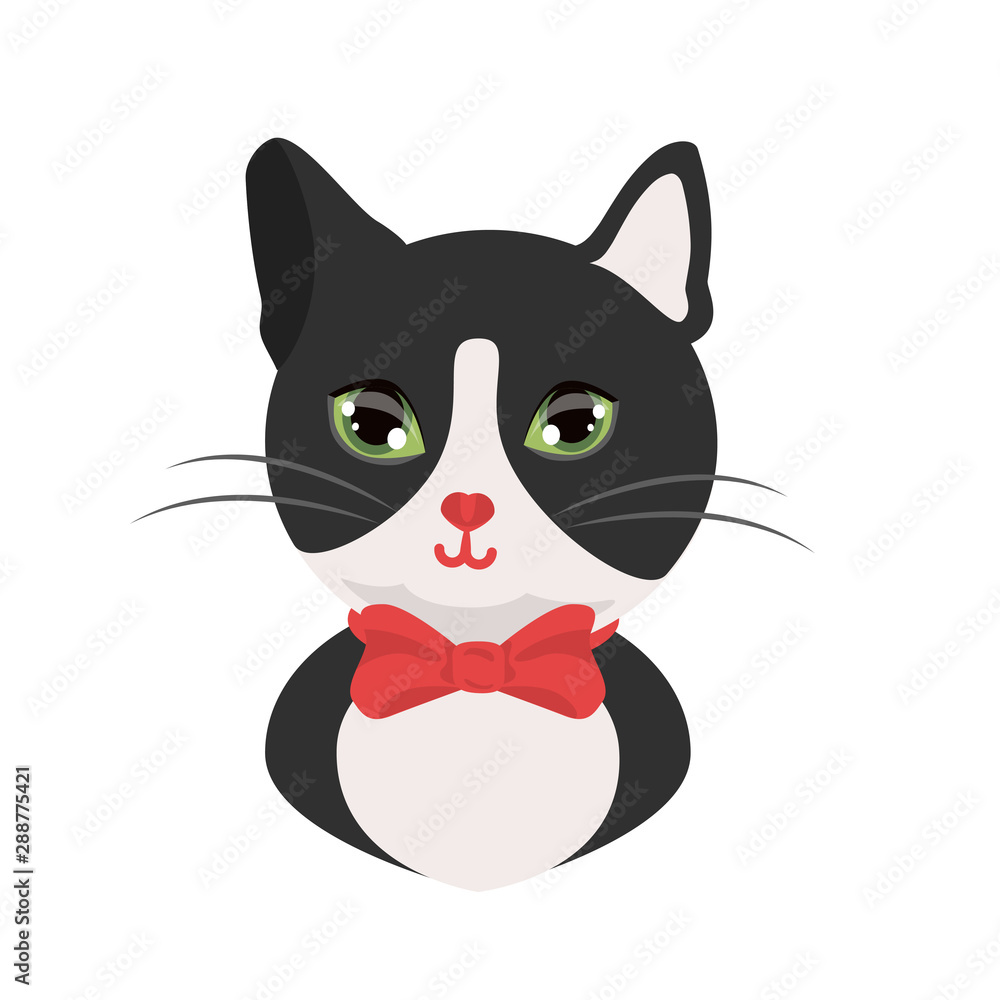 Cat tuxedo black and white cat gentleman with red bow. Kind cat head avatar or print. vector illustration isolated. Cat tuxedo black and white cat gentleman with red bow. Kind cat head avatar or print. vector illustration isolated.