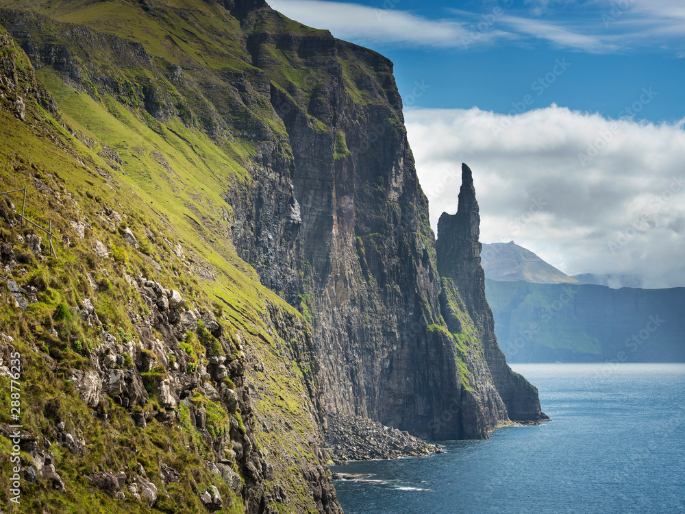 Green hills and finger rock on Faroe islands Big size