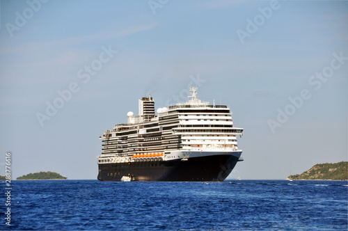 Close - up of the cruise ship HAL Koningsdam off the coast of Croatia in the Adriatic sea. August 2019.