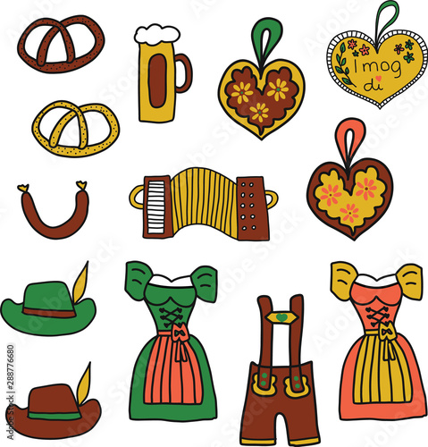 Oktoberfest vector icon set. Oktoberfest doodle illustration. Traditional German icons. Bavarian beer, Lederhosen, Dirndl, gingerbread heart, sausage, pretzels, accordion