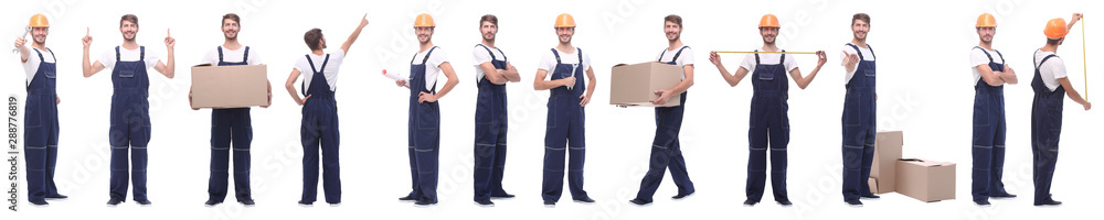 panoramic collage of skilled handyman isolated on white panoramic collage of skilled handyman isolated on white